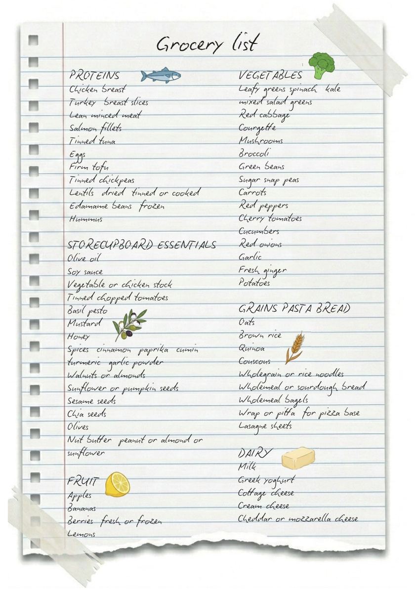 A handwritten grocery list on notebook paper, categorised into proteins, storecupboard essentials, fruit, vegetables, grains pasta and bread, and dairy.