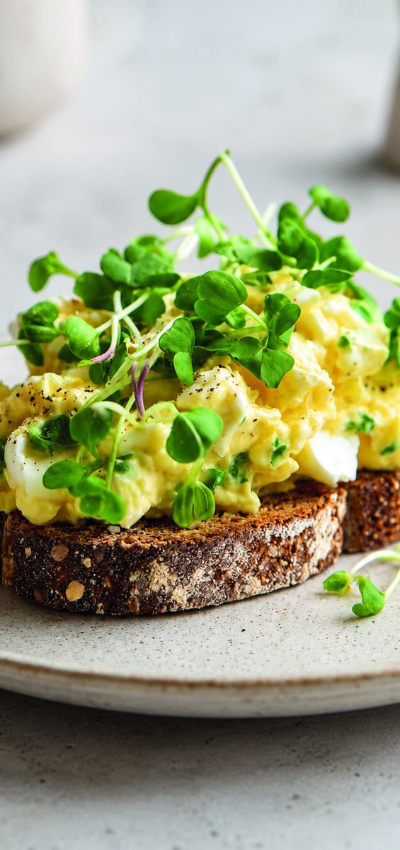Egg salad on toasted sourdough topped with sprouted seed mix.