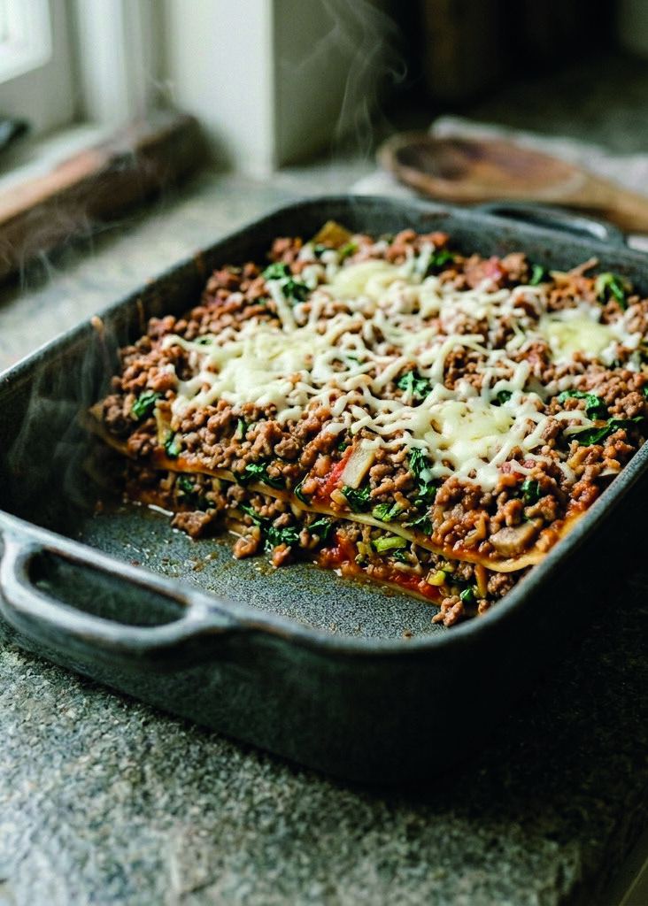 A baking dish of lasagne al forno with melted cheese, spinach and minced meat layers.