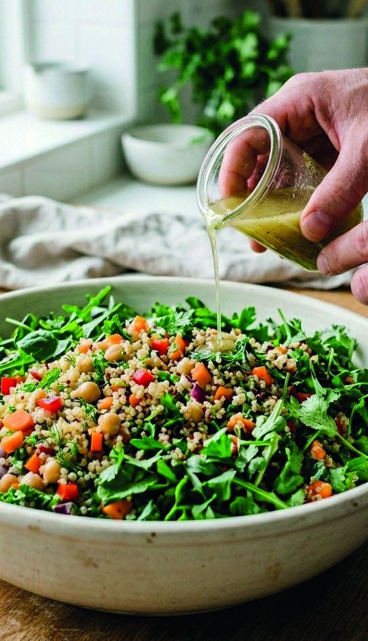 A hand pouring dressing over a bowl of salad greens, quinoa, chickpeas and diced vegetables.