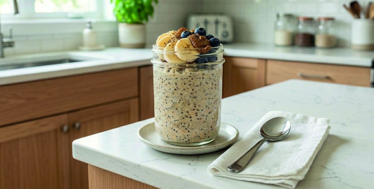 A glass jar of overnight oats topped with banana, blueberries and nut butter on a kitchen counter.
