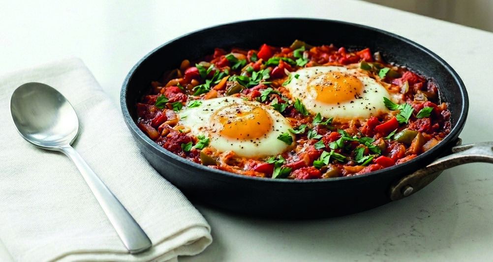A cast-iron skillet of shakshuka with two baked eggs on spiced tomato and pepper sauce.