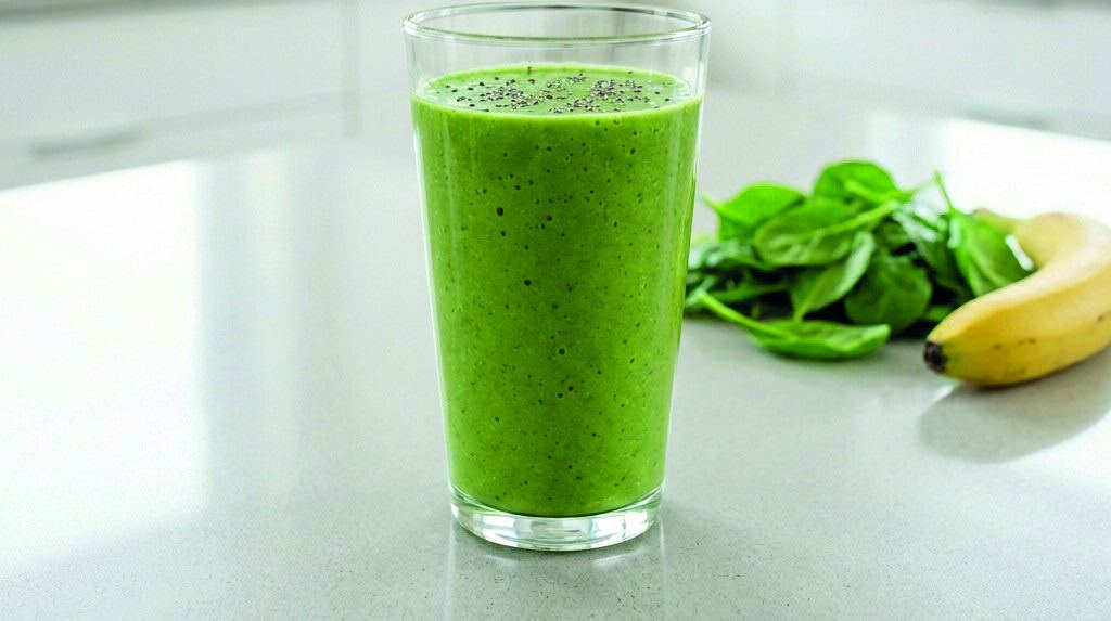 A tall glass of green smoothie beside baby spinach leaves and a banana.