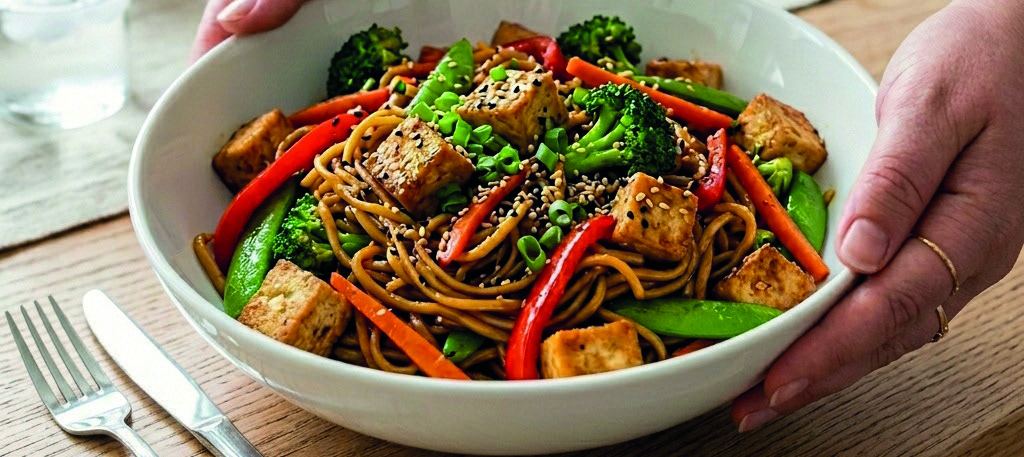 A bowl of noodle stir-fry with golden tofu cubes, broccoli, peppers and sesame seeds.