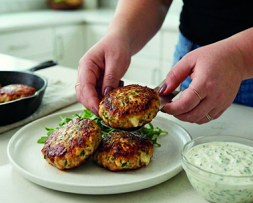 Golden herby turkey patties being plated over salad leaves.